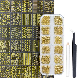 3D Nail Charms Nail Art Kit with 30 Sheets Gold Nail Stickers 12 Boxs of Star Moon Nail Art Metal Charms Nail Art Designs Nail Supplies Gold Nail Decals for Women Manicure Kit Nail Art Decoration