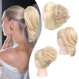 REECHO Ponytail Extension, Messy Bun Hair Pieces 3-in-1 Claw Clip in Ponytail Hair Extensions Short Natural Wavy Hair Bun Hairpieces for Women with Short Thin Hair - Light Blonde