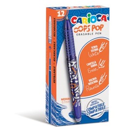 Carioca Oops Pop Erasable Pens Blue - 12 Pieces | Set Erasable Refillable Pens for School and Office with Hood, Double Rubber and Ergonomic Handle, Blue Pens, 12 Pieces