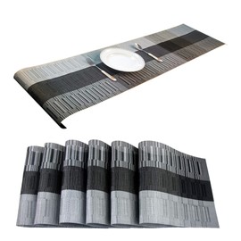 Xmkuwa Placemats, Washable PVC Table Mats, Woven Vinyl Placemat for Dining Table Place Mats Set (6 Placemats and 1 Table Runner, Black and Grey)
