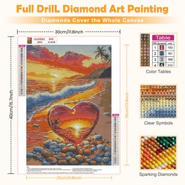 MOGTAA Crystal Heart Diamond Art Kits for Adults, 5D Full Drill Diamond Painting Kits for Adults Beginners, DIY Sunset Round Diamond Dots for Adults, Gem Art for Home Decor 12 X 16Inch