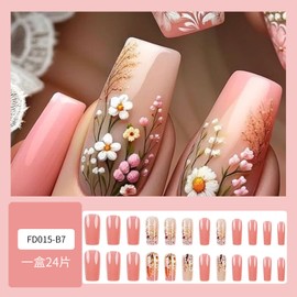 Flower Coffin Press on Nails Glossy Pink Fake Nails Medium Length Acrylic False Nails with Embossed Colorful Flower Design Reusable Artificial Nails Press ons Spring Summer Glue on Nails for Women