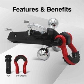 Trailer Hitch Ball Mount with Tow Shackle and Hook, Heavy Duty Hitch Mount with 2-5/16", 2", 1-7/8" Ball Fits 2Inch Hitch Receiver for Heavy Duty Trucks, SUVs, and Cars