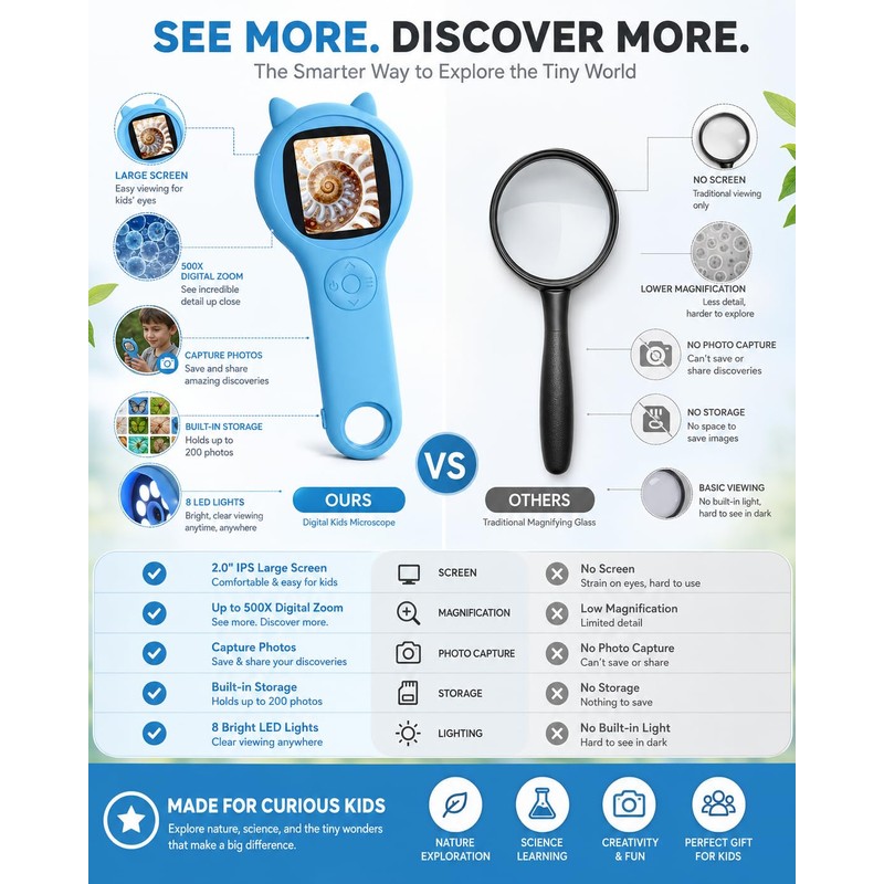 Outdoor Exploration Microscope for Kids, 500X Portable Digital Microscope with