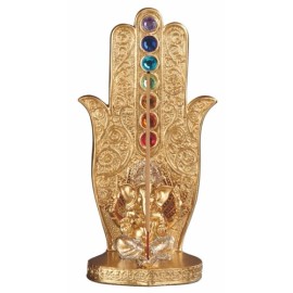 Rainbow Chakra Stones Golden Hamsa Palm With Elephant God Ganesha Incense Holder