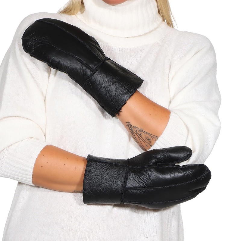 Harrys-Collection Women's Patchwork Lambskin Mittens, black