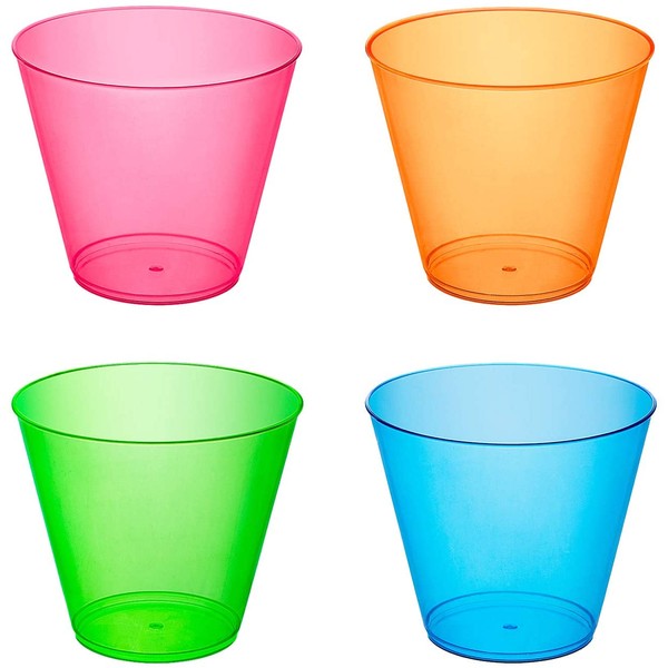 Party Essentials Hard Plastic 9-Ounce Party Cups/Old Fashioned Tumblers, 25-Count, Assorted Neon