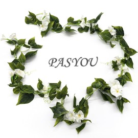 Artificial Morning Glory Flower Vines, Fake Hanging Plants Silk Garland Ivy Faux Green Leaves Vine Decoration for Home Bedroom Wedding Party Garden Wall Fence Stairway Baskets Decor White 2 Pack