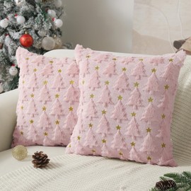 Allorry Christmas Pillow Covers 18 x 18 inch Set of 2 Pink Christmas Tree Pillow Covers Decorations Plush Faux Fur Soft Cushion Case for Winter Xmas Holiday Home Bedroom Sofa Decors PT004-E18