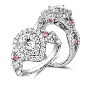DovEggs Moissanite Engagement Rings for Women,Moissanite Wedding Rings,3.1ctw GHI Color Pear Cut Moissanite Vintage Split Shank Anniversary Pink Sapphire Accents 14K Gold QUALITY Sterling Silver(7.5)