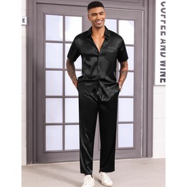 LecGee Men's Satin 2 Piece Outfits Lapel Short Sleeve Tracksuit Button Tops Jogger Pants Set With Pocket Prom Club Party(Black,XL)
