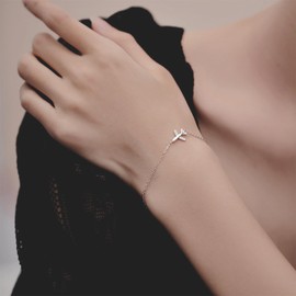 Fanquility Silver Thin Link Bracelet Sparkling CZ Dainty Airplane Cross Bracelets for Women Infinity Heart Adjustable Bracelets Simple Unique Birthday Bangles Gifts for Lover Stewardess Pilots, Large,