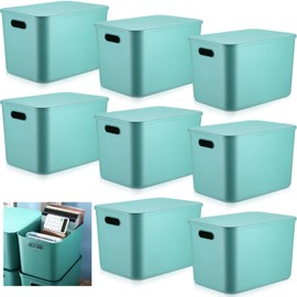 Hoolerry 8 Pieces Colorful Storage Bins with Lid and Handle, Plastic Stackable Baskets Desktop Cube Box Cubby Bins Containers for Shelf Cabinet Bedroom Office (Green,14.2 x 10.2 x 9.5 Inch)