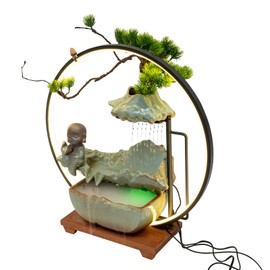 Tabletop Buddha Water Fountains, Indoor Tabletop Fountains Water Fall with LED Light Zen Decor for Meditation with Fake Plants Feng Shui Decor for Good Luck Wealth (Style 1)