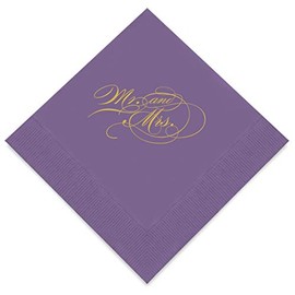 Weddingstar 3-Ply Gold Foil Cocktail Napkins Purple - Mr and Mrs Script