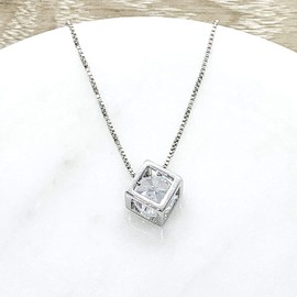 Cubic Zirconia Crystal Cube Pendant Necklace Sterling Silver