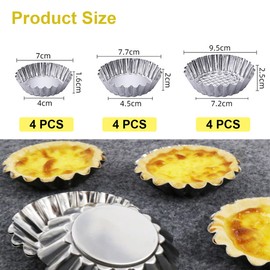 Ruayia Pack of 12 Tartlet Moulds, Small, Reusable Tartlet Moulds with Non-Stick Coating in 3 Sizes, Round Baking Mould Set Made of Stainless Steel for Mini Cakes, Tarts and Quiche
