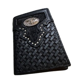 Western Stakes Mens Leather Tri Fold Wallet Basketweave Custom Cowboy Concho Cowhair Cowboy Western Leather Wallet High End Mens Wallets Leather Bull Rider Rodeo Gifts For Men (Longhorn, Black)
