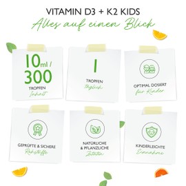 Vitamin D3 K2 Drops for Children for 300 Days (10 Months) - 500 IU Vitamin D & 25μg Vitamin K2 - Highly Bioavailable by Original K2VITAL® - No Harmful Additives - Vitamins for Kids