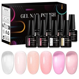MEET ACROSS 6 Colors Jelly Gel Nail Polish Pink Gel Nail Polish Crystal Glitter Shimmer Translucent Gel Polish Set Long Lasting Soak Off Manicure DIY Home Kit 7ML 8PCS