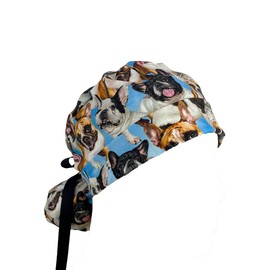 Turn Up Ponytail - French Bulldogs. Bouffant Scrub Hats, Unisex Surgical Caps, Dr. Hats, Nurses Hats. Scrub Hat for Women & Men tie Back | Working Cap with Holder