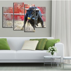 KLVOS 4 Piece Spanish Fighting Bull Animal Wall Art Highland Cow Picture Painting Wildlife Canvas Artwork for West Cowboy Bedroom Nordic Style Modern Home Decor Stretched Ready to Hang W-48x H-32inch