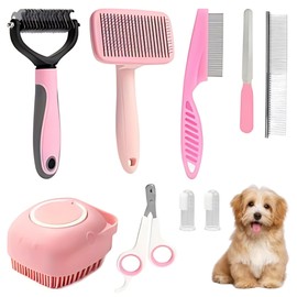 9Pcs Dog Grooming Kit - Self Cleaning Slicker Brush, Flea Comb, Nail Trimmer & Bath Brush - Pet Grooming Tools for Shedding, Trimming & Oral Care - For Dogs & Cats - Pink