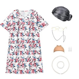 KIPSSMLSE Old Lady Costume Set with Old Lady Wig Granny Dress Old Lady Glasses Grandma Dress Up Outfit
