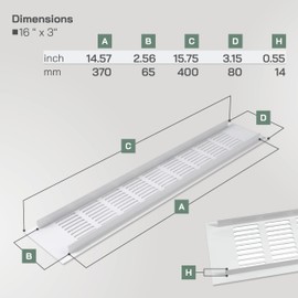 Vent Systems 11.81 x 1.57 (Outer Size) Rectangular Door Vent - Pack of 2 White Aluminum Vent Cover Toe Kick Vent Cover - HVAC for Home Cabinet Vent - Intake/Exhaust Door Return Air Vent