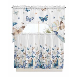 Blue Butter-fly Swag Kitchen Curtain Sets with Valance,3 Pieces Rod Pocket Curtain Drapes for Bedroom Living Room Bathroom Windows,Country Aesthetics Gradient Brown Art 56''x36'' & 36''x27.5''x2Panels