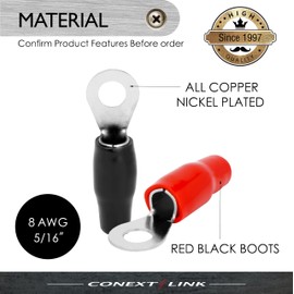 Conext Link RTB88-20 Copper Ring Terminals Insulated Wire Crimp Connectors for Car Audio with Red Black Boot 5/16" 8mm Stud hole 20 Pack (8 Gauge) （16523）