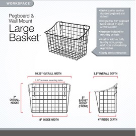 Spectrum Diversified 10" x 5" x 7" Pegboard & Wall Mount Large Wire Basket, Industrial Gray & Diversified Pegboard & Wall Mount Basket, 11" x 4" x 4", Industrial Gray