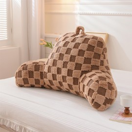 Holawakaka Checkered Reading Pillow with Arms, Adults Backrest Reading & Rest Pillows for Sitting Up in Bed, Bed Rest, Lounging, Working, Arms Back Support Cushion for Men Women Teens,Khaki