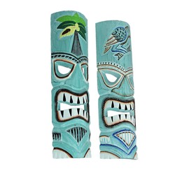 Things2Die4 Handcrafted Aqua Blue Parrot & Palm Tree Wooden Tiki Mask Wall Hangings – 20 Inches High - Set of 2