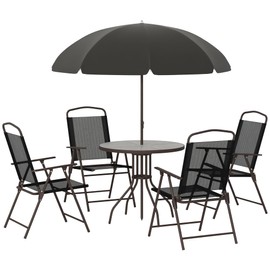 Outsunny 6 Piece Patio Dining Set for 4 with Umbrella, Outdoor Table and Chairs with 4 Folding Dining Chairs & Round Glass Table for Garden, Backyard and Poolside, Black and Coffee
