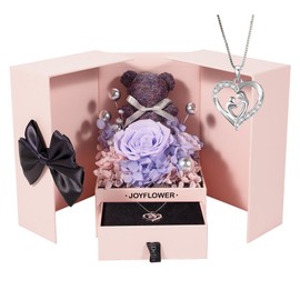 JoyFlower Preserved Flowers with Necklace Gifts for Mom, Unique Pearl Rose Eternal Flower Bear with Necklace Gift for Grandma, Preserved Real Purple Roses Birthday Mother's Day Gift for Mother Grandma