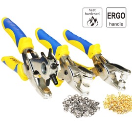 S&R Hole Punch Pliers Set: Revolving Punch Plier + Eyelet Pleir + Snap Button plier with 100 eyelets and 25 buttons for repairing belts and punch fabric, leather, belts, plastic, acrylic, canvas.