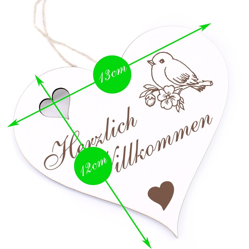 Herzlich Willkommen Sign, Small Bird, Decorative Heart Wooden Welcome Sign,