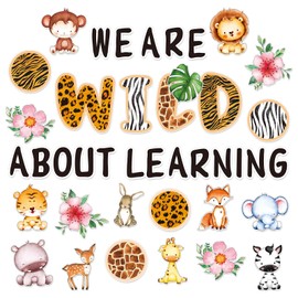 JarThenaAMCS We are Wild About Learning Bulletin Board Set Wild Safari Animals Paper Cutouts with 100Pcs Glue Points Woodland Theme Cut-Outs Decor for Back to School Kindergarten Jungle Party, 56Pcs