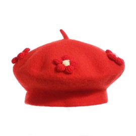 Kids 3D Flower Beret Hats French Style Girls Classic Beanie Hats Wool Autumn Winter Warm Caps French Artist Hats 2-6Y (A-Red, 2-6 Years)