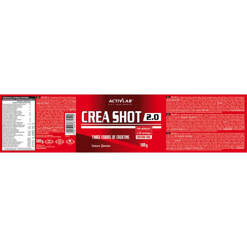 Activlab Crea Shot 2.0, 500g Pulver, 25x Pre-Workout, kein Koffein,