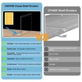OKPOW Shelf Dividers Closet Organizer - 10" Tall X 12" Deep Acrylic Clear Sturdy Separate for Clothes Purse - Adjustable Space Saver Easy Install for Home Organization Enthusiasts 4 Pack