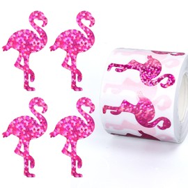 JarThenaAMCS 500Pcs Summer Flamingo Stickers Pink Flamingo Holographic Stickers Roll Adhesive Paper Decals for Water Bottles Scrapbook Summer Party Decor