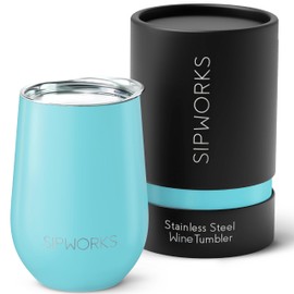 Sipworks Wine Tumbler with Lid - 12 oz Stainless Steel Tumblers with Removable Lid & Double Walled Vacuum Insulation - Leakproof, Shatterproof Insulated Wine Tumbler for Travel - Aquamarine