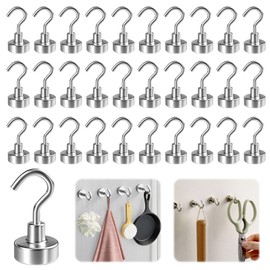 30PCS Magnetic Hooks, Neodymium Heavy Duty Strong Metal Magnet Hooks for Ship, Cruise, Kitchen, Garage, Office, Fridge, Silver Magnet Hangers with Hooks for Keys, Tools, Clothes Hanging Essentials