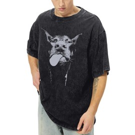 Qiqilyly Men's Oversized Graphic Tees Streetwear Vintage Tshirts for Men Acid Wash Tshirt Aesthetic Unisex Shirts Grunge Tops(Dog Black,L)