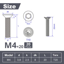 Wavanta 20Pcs M4 Bolts, M4 x 20mm Countersunk Torx Bolts Screws, Flat Head Trox Drive Machine Bolt, 304 Stainless Steel, Full Thread