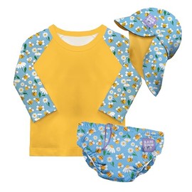 Bambino Mio UPF 40+ Reusable Swim Nappy Set (Age 6-12 Months) Busy Bees | Includes, Swim Nappy Pant, Swim Rash Vest Top & Swim Hat for Baby and Toddler