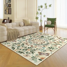 WARMYS 5x7 Floral Washable Area Rug for Living Room, Non-Slip Non-Shedding & Easy Care, Soft Low Pile Faux Wool Distressed Foldable Indoor Floor Carpet for Bedroom, Playroom, Nursery, Beige