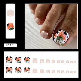 Press on Toenails with Flower Designs, Artificial Nude Fake Nails for Toe, Full Cover Glossy Coffin Acrylic False Nails, Glue on Toenails with Charm, Stick on Toe Nails for Women Girls(F110)